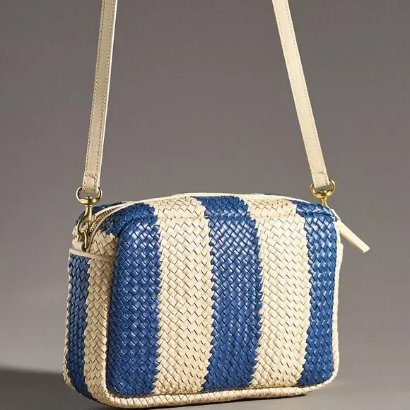 LIKE NEW Clare V. Marisol in Indigo & Cream Woven Racing Stripes - Picture 3 of 4
